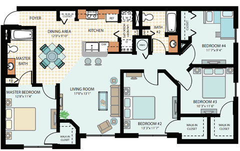 Floor plan for 4 beds, 2 baths, 1364 sqft